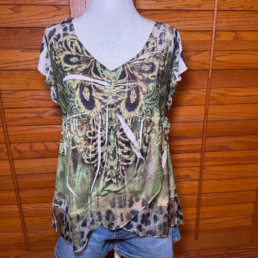 Apt. 9 Womens Green Paisley Leopard Baroque V-Neck Ruched Top Large